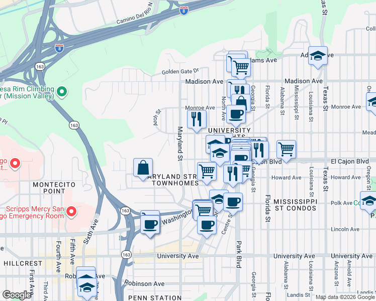 map of restaurants, bars, coffee shops, grocery stores, and more near 1440 Van Buren Avenue in San Diego