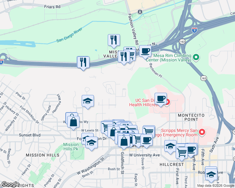 map of restaurants, bars, coffee shops, grocery stores, and more near 4292 Hawk Street in San Diego