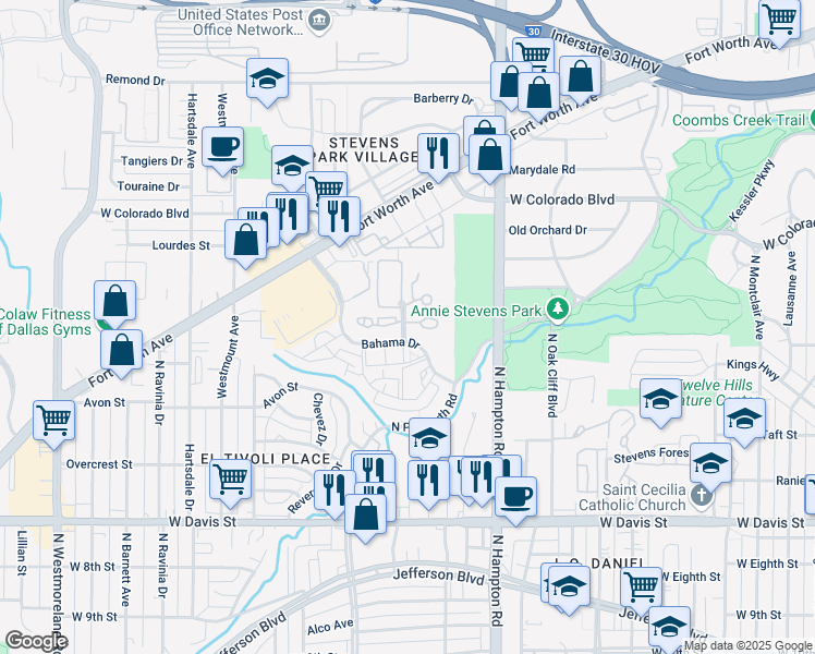 map of restaurants, bars, coffee shops, grocery stores, and more near 2425 Bahama Drive in Dallas