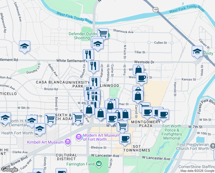 map of restaurants, bars, coffee shops, grocery stores, and more near in Fort Worth
