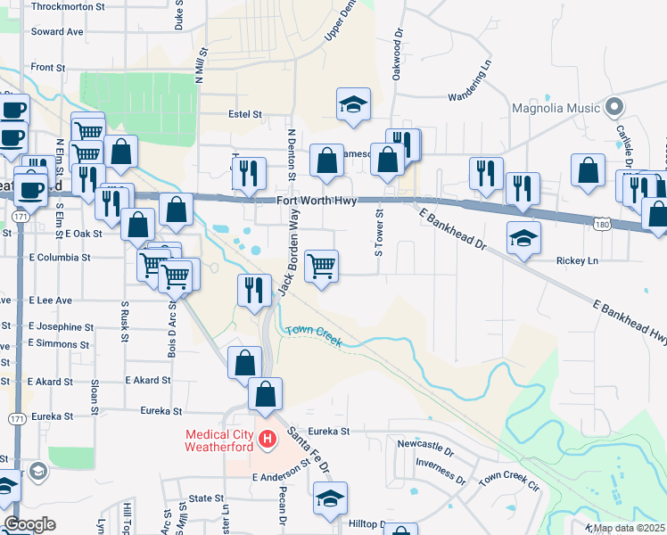 map of restaurants, bars, coffee shops, grocery stores, and more near 1018 East Columbia Street in Weatherford