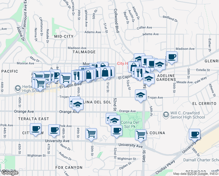 map of restaurants, bars, coffee shops, grocery stores, and more near 4347 51st Street in San Diego