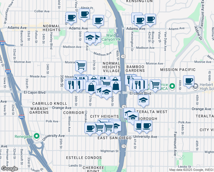 map of restaurants, bars, coffee shops, grocery stores, and more near 4337 38th Street in San Diego