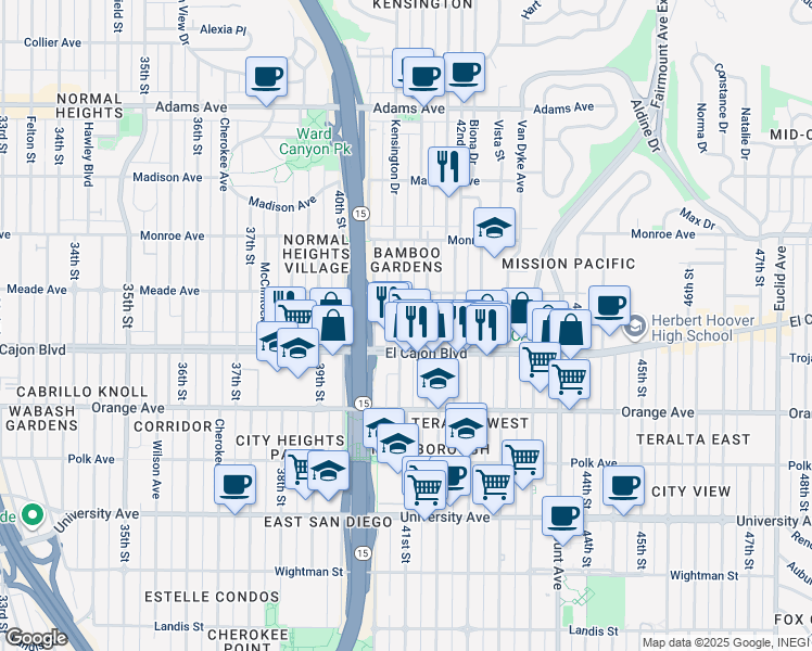 map of restaurants, bars, coffee shops, grocery stores, and more near 4144 El Cajon Boulevard in San Diego