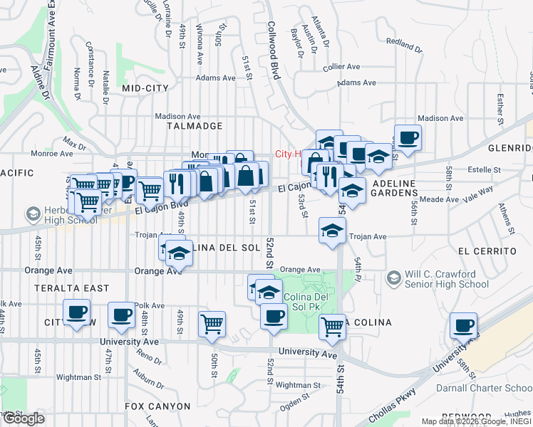 map of restaurants, bars, coffee shops, grocery stores, and more near 4322 52nd Street in San Diego