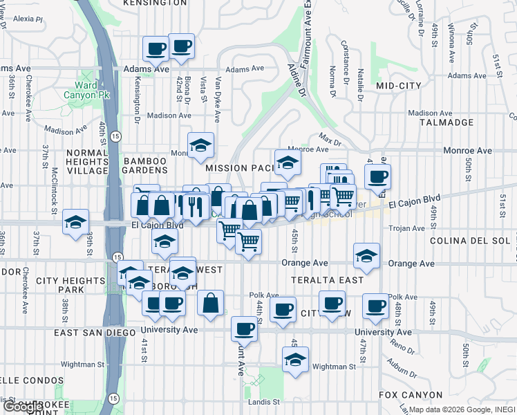 map of restaurants, bars, coffee shops, grocery stores, and more near 4343 44th Street in San Diego