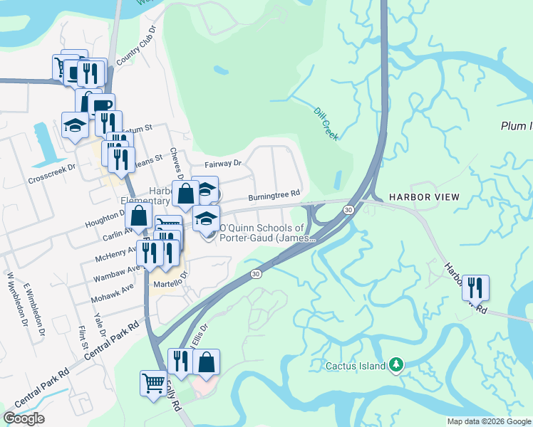 map of restaurants, bars, coffee shops, grocery stores, and more near 1515 Harbor View Road in Charleston