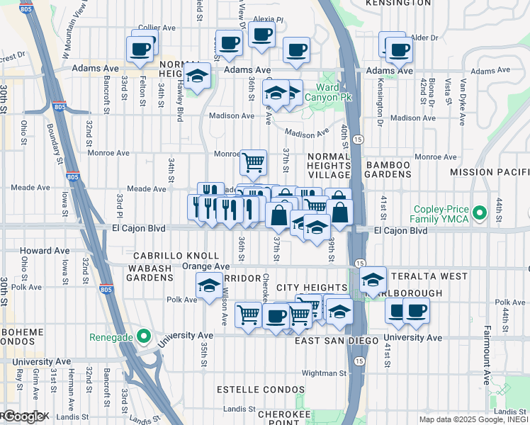 map of restaurants, bars, coffee shops, grocery stores, and more near in San Diego