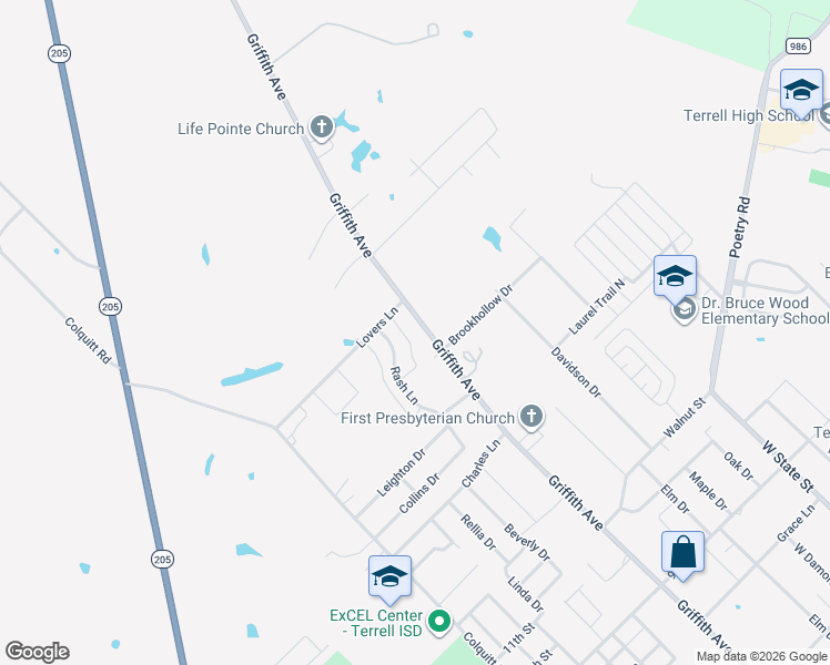 map of restaurants, bars, coffee shops, grocery stores, and more near 1103 Griffith Avenue in Terrell