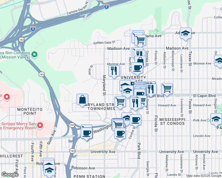 map of restaurants, bars, coffee shops, grocery stores, and more near 1440 Van Buren Avenue in San Diego