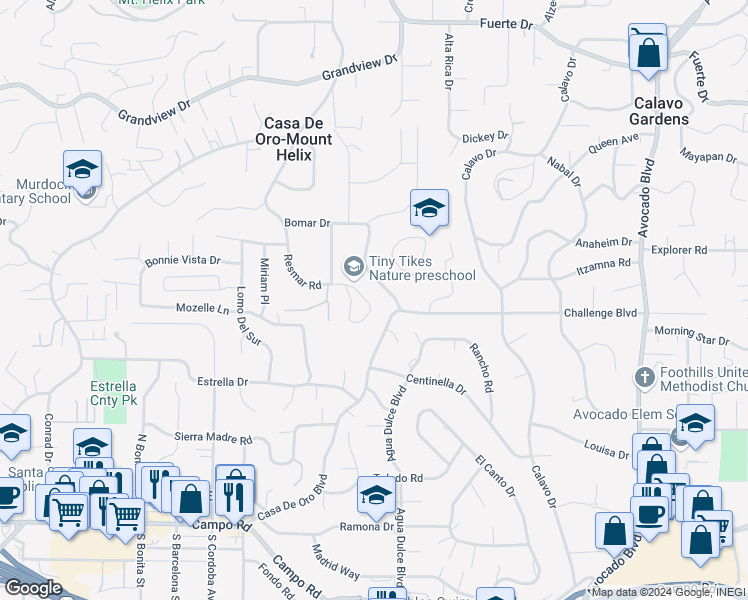map of restaurants, bars, coffee shops, grocery stores, and more near 4275 Crestview Drive in La Mesa