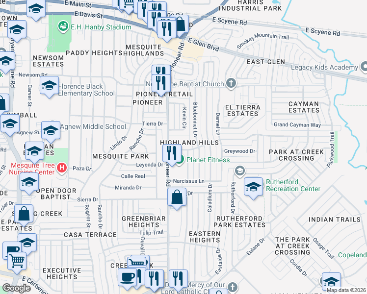 map of restaurants, bars, coffee shops, grocery stores, and more near 1221 Chapman Drive in Mesquite