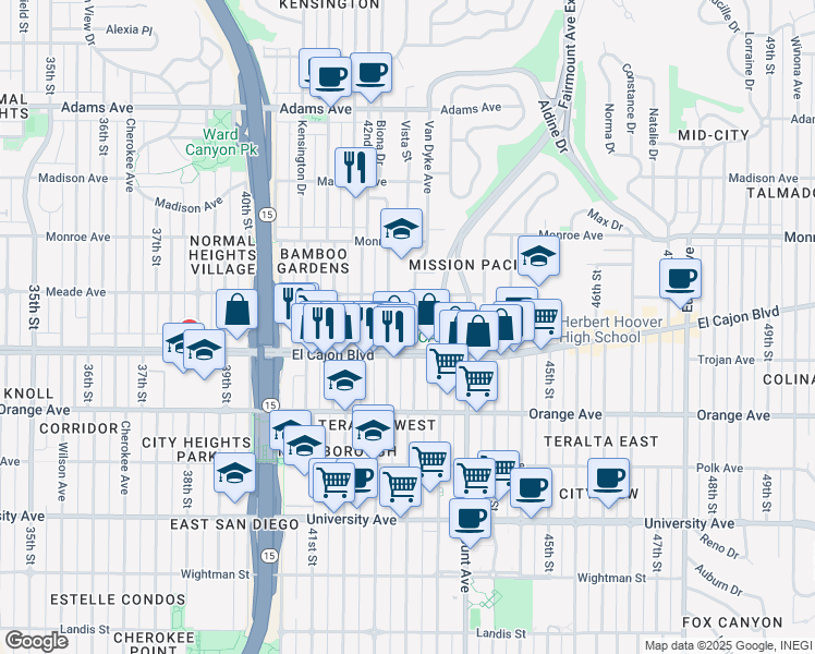map of restaurants, bars, coffee shops, grocery stores, and more near 4244 El Cajon Boulevard in San Diego