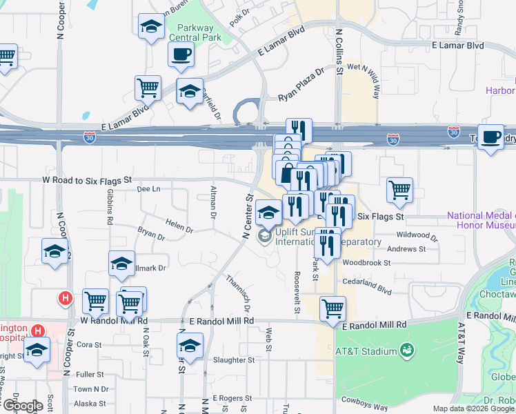 map of restaurants, bars, coffee shops, grocery stores, and more near 1311 North Center Street in Arlington