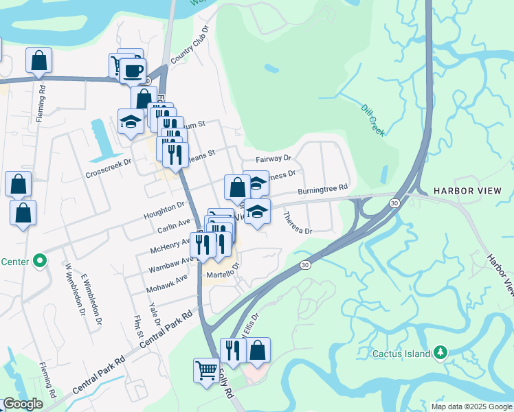 map of restaurants, bars, coffee shops, grocery stores, and more near 1576 Harbor View Road in Charleston
