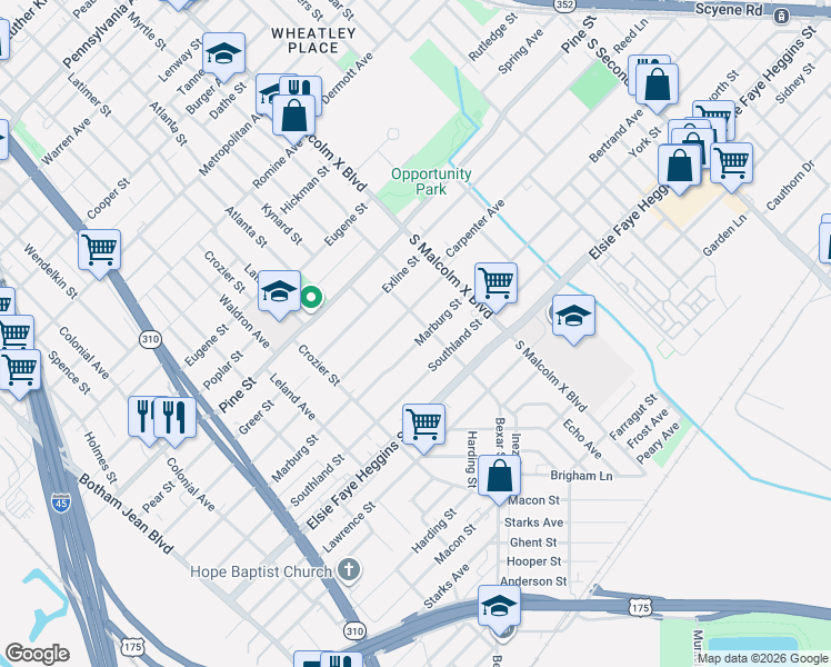map of restaurants, bars, coffee shops, grocery stores, and more near 2639 Southland Street in Dallas
