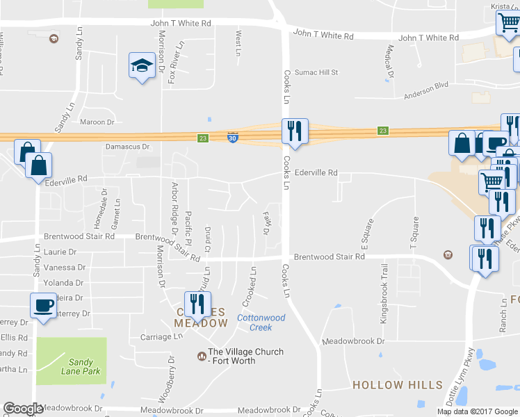 map of restaurants, bars, coffee shops, grocery stores, and more near 1701 Crooked Lane in Fort Worth