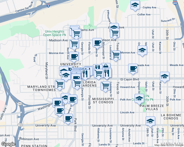 map of restaurants, bars, coffee shops, grocery stores, and more near 4333 Florida Street in San Diego
