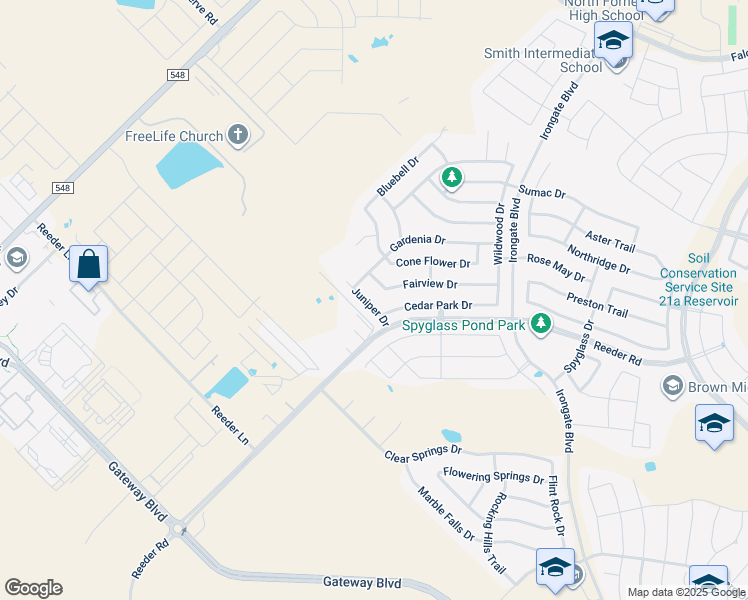 map of restaurants, bars, coffee shops, grocery stores, and more near 2153 Cedar Park Drive in Forney