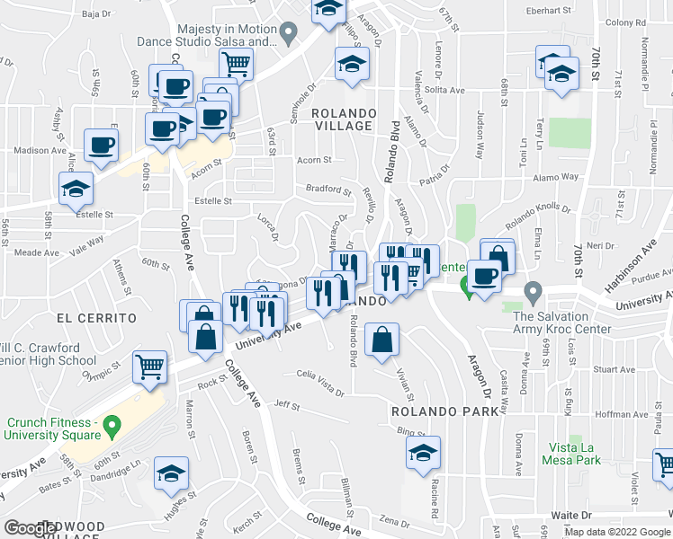 map of restaurants, bars, coffee shops, grocery stores, and more near Marraco Dr & Lerida Dr in San Diego
