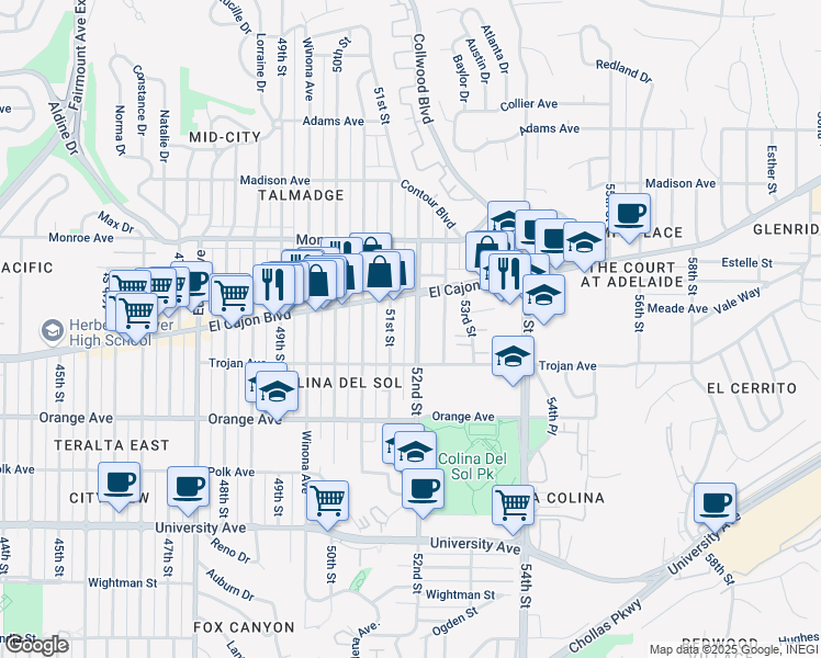 map of restaurants, bars, coffee shops, grocery stores, and more near 4322 52nd Street in San Diego