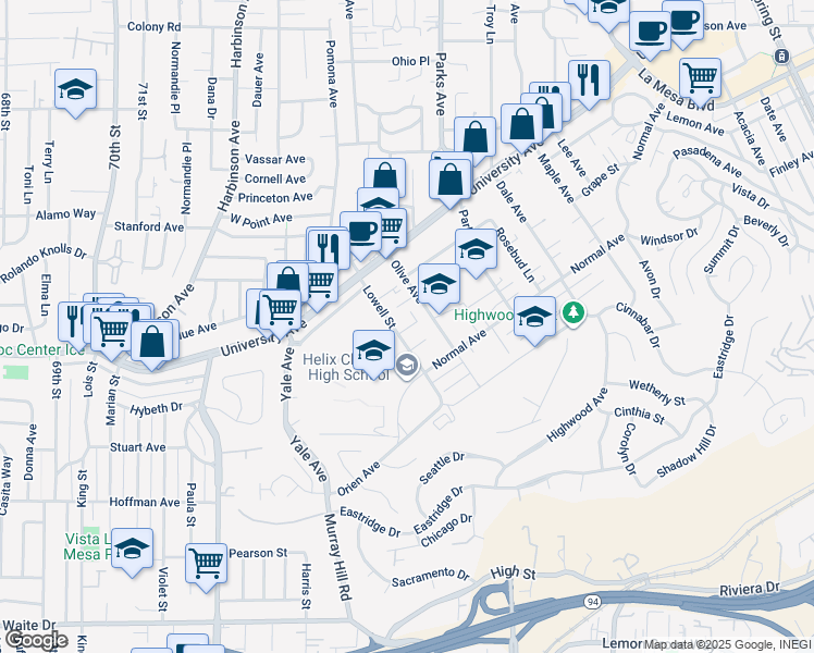 map of restaurants, bars, coffee shops, grocery stores, and more near 4287 Lowell Street in La Mesa