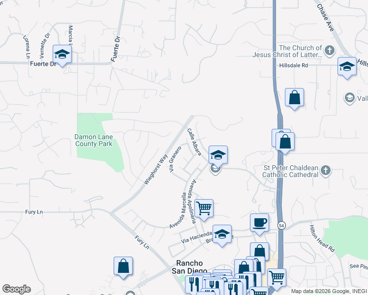 map of restaurants, bars, coffee shops, grocery stores, and more near 11950 Via Selma in El Cajon