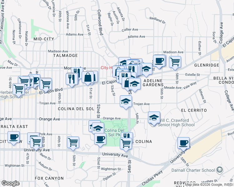 map of restaurants, bars, coffee shops, grocery stores, and more near 4321 53rd Street in San Diego