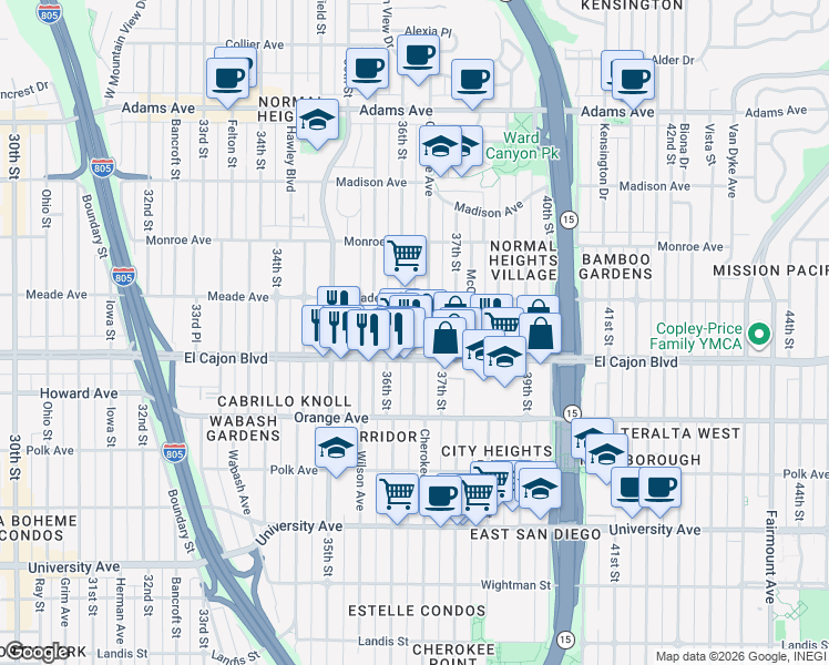 map of restaurants, bars, coffee shops, grocery stores, and more near in San Diego