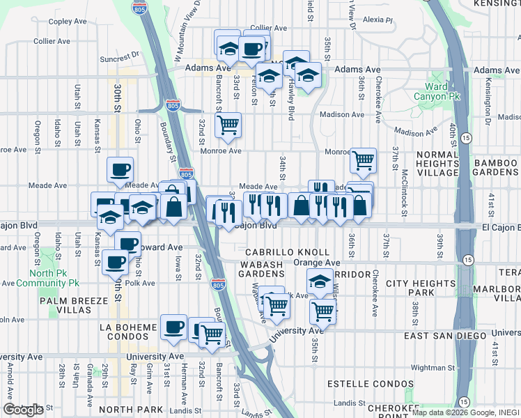 map of restaurants, bars, coffee shops, grocery stores, and more near in San Diego