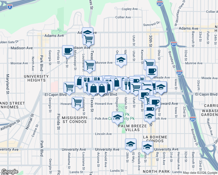 map of restaurants, bars, coffee shops, grocery stores, and more near 2550 El Cajon Boulevard in San Diego