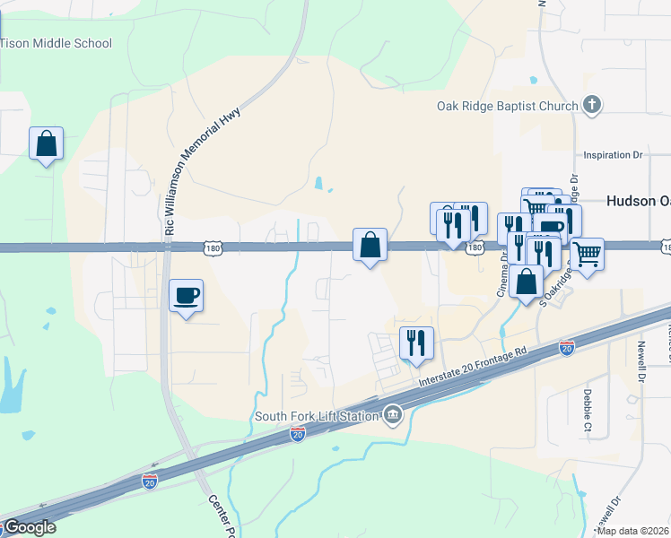 map of restaurants, bars, coffee shops, grocery stores, and more near 109 Hancock Drive in Weatherford