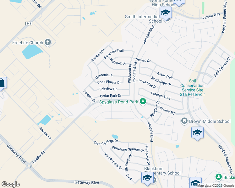 map of restaurants, bars, coffee shops, grocery stores, and more near 2118 Cedar Park Drive in Forney