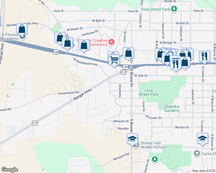 map of restaurants, bars, coffee shops, grocery stores, and more near 212 Ridgeway Boulevard in Weatherford