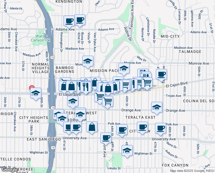 map of restaurants, bars, coffee shops, grocery stores, and more near 4340 44th Street in San Diego