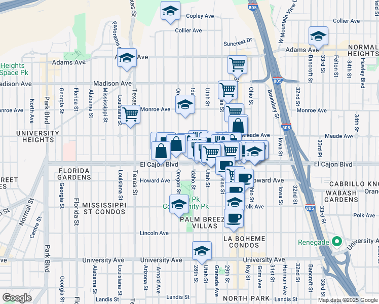 map of restaurants, bars, coffee shops, grocery stores, and more near 2808 El Cajon Boulevard in San Diego