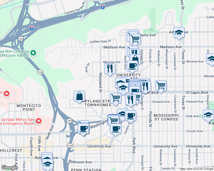 map of restaurants, bars, coffee shops, grocery stores, and more near 1440 Van Buren Avenue in San Diego