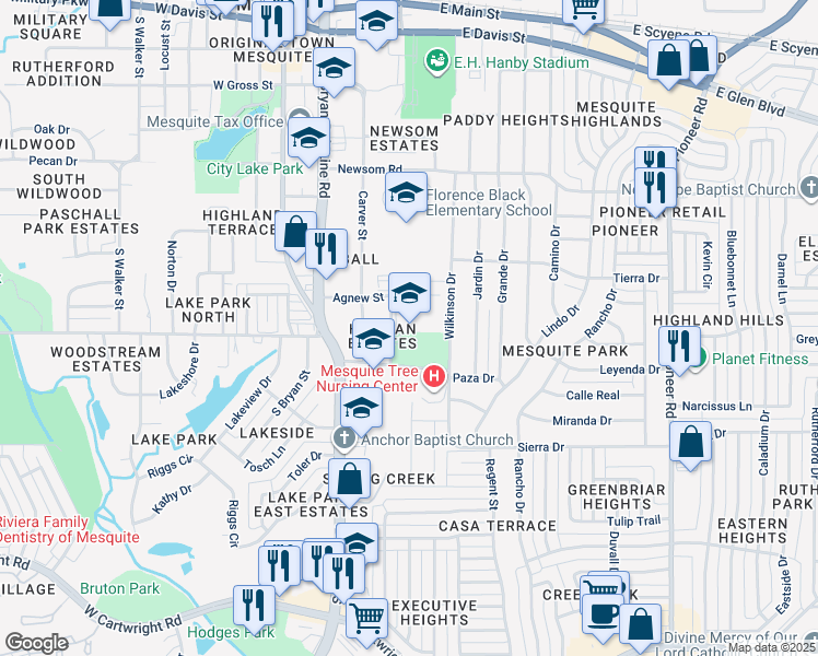 map of restaurants, bars, coffee shops, grocery stores, and more near 729 Wilkinson Drive in Mesquite
