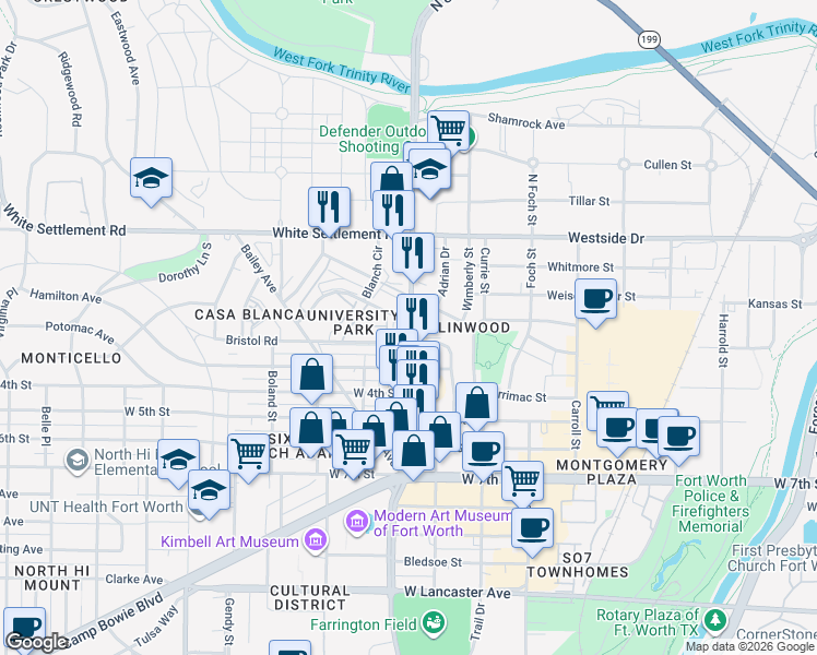 map of restaurants, bars, coffee shops, grocery stores, and more near 270 University Drive in Fort Worth