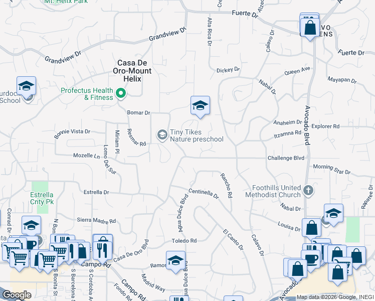 map of restaurants, bars, coffee shops, grocery stores, and more near 10359 Challenge Boulevard in La Mesa