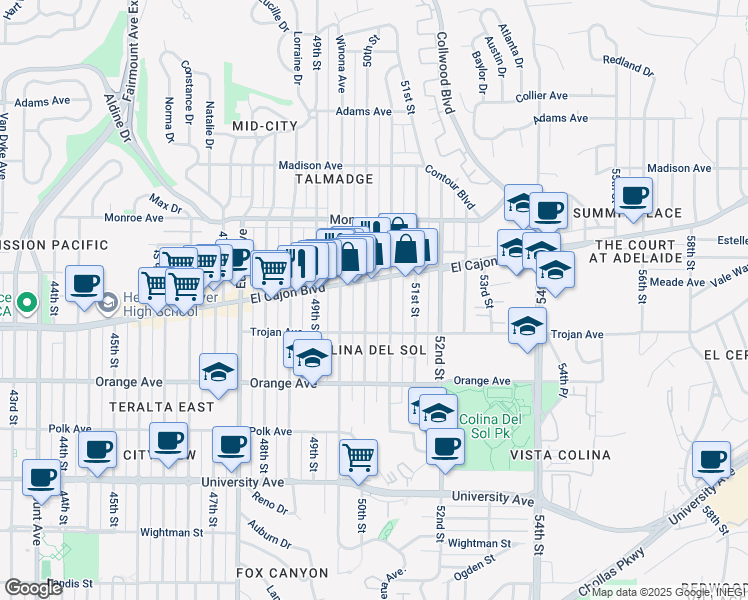map of restaurants, bars, coffee shops, grocery stores, and more near 4340 50th Street in San Diego