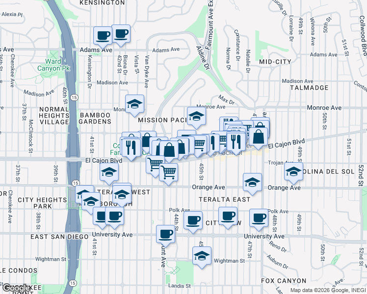 map of restaurants, bars, coffee shops, grocery stores, and more near in San Diego