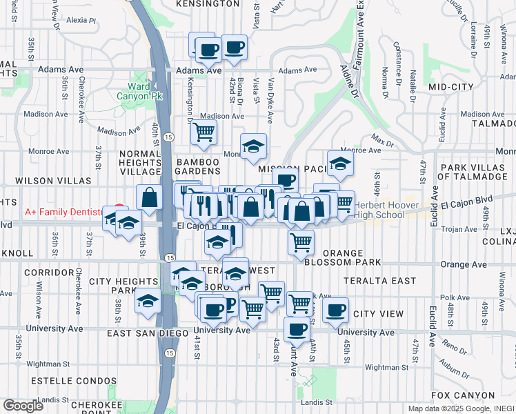 map of restaurants, bars, coffee shops, grocery stores, and more near 4244 El Cajon Boulevard in San Diego