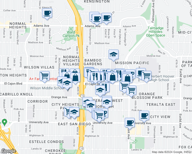 map of restaurants, bars, coffee shops, grocery stores, and more near 4144 El Cajon Boulevard in San Diego