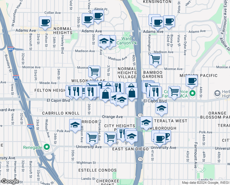 map of restaurants, bars, coffee shops, grocery stores, and more near 3763 McClintock Street in San Diego