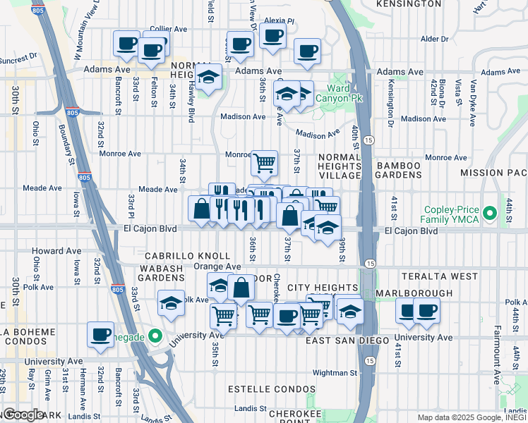 map of restaurants, bars, coffee shops, grocery stores, and more near 3602 El Cajon Boulevard in San Diego