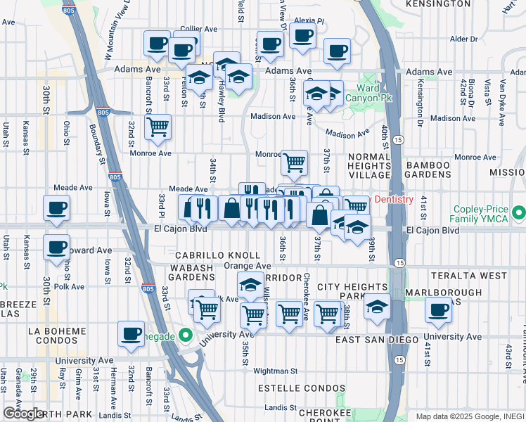 map of restaurants, bars, coffee shops, grocery stores, and more near 3540 El Cajon Boulevard in San Diego