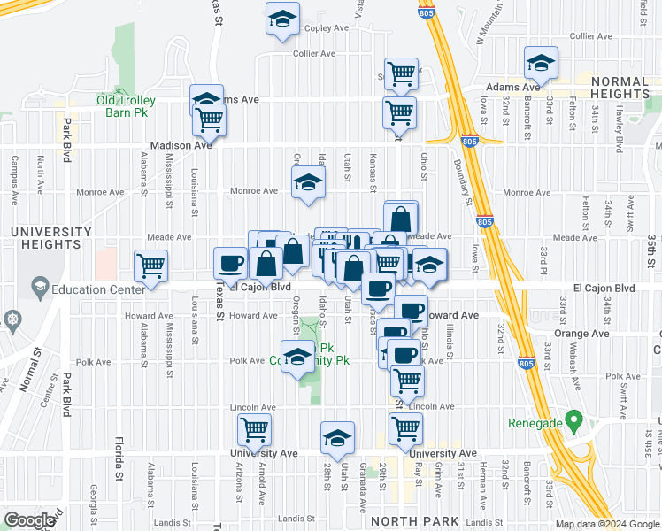 map of restaurants, bars, coffee shops, grocery stores, and more near 2808 El Cajon Boulevard in San Diego
