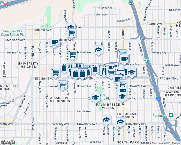 map of restaurants, bars, coffee shops, grocery stores, and more near 2550 El Cajon Boulevard in San Diego