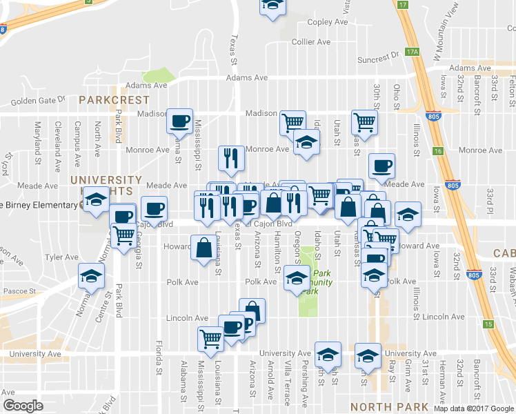 map of restaurants, bars, coffee shops, grocery stores, and more near 2432 El Cajon Boulevard in San Diego